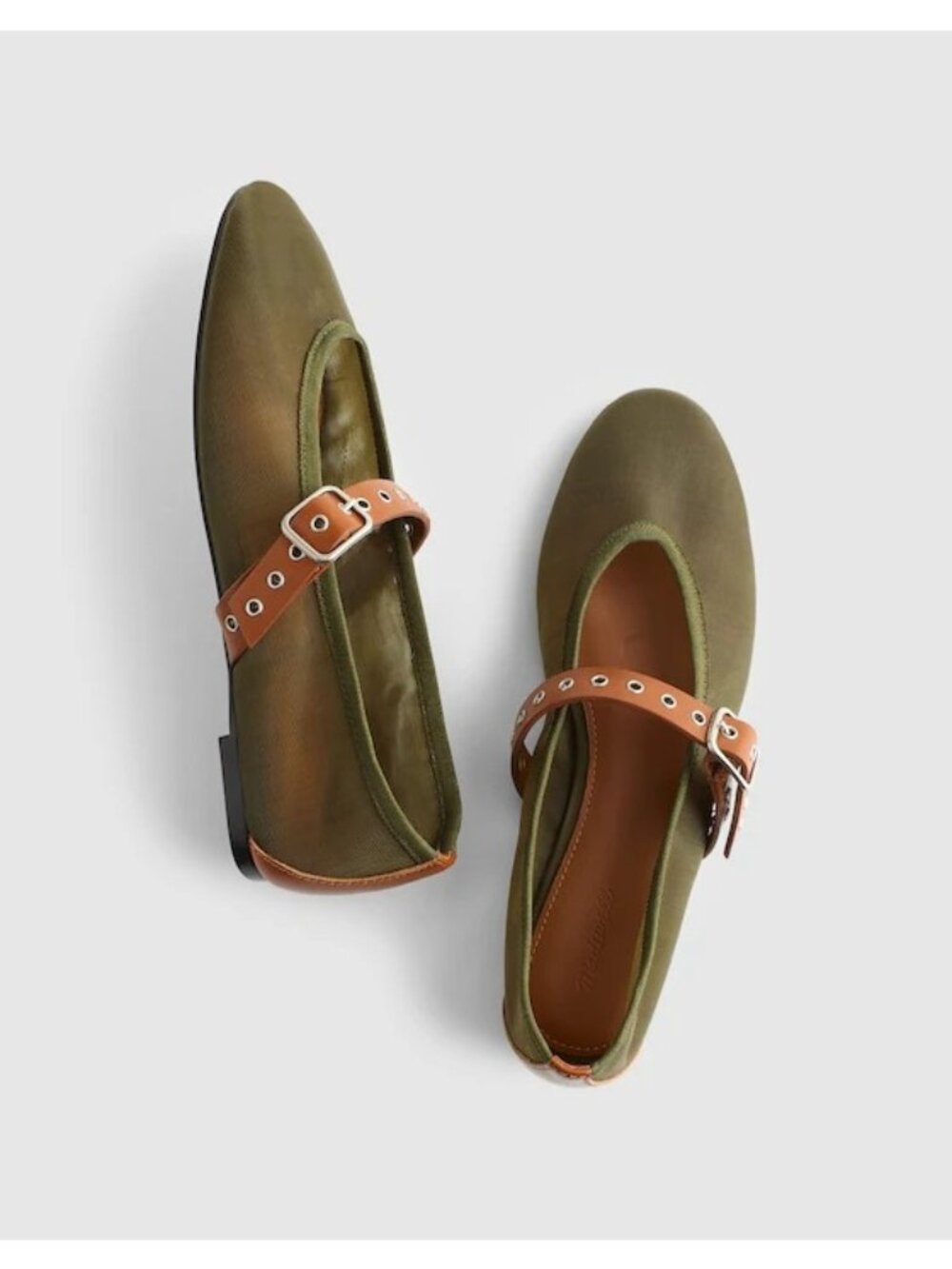 Madewell Mesh Olive Green Mary Jane Flats with Tan Buckle Strap